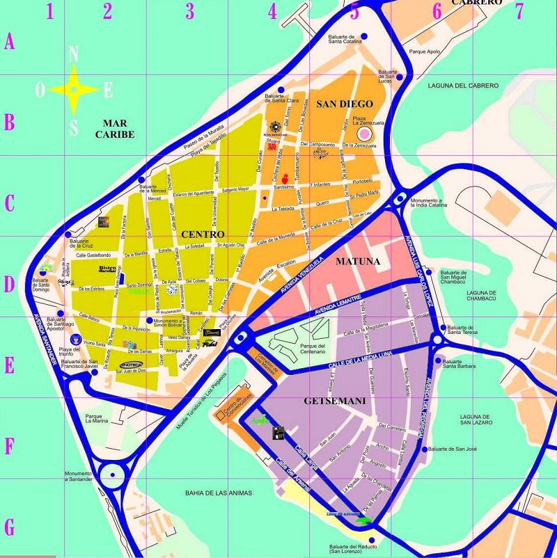 Mapa com os bairros de Cartagena
