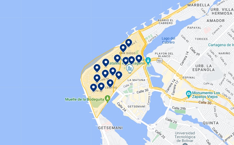 Mapa dos hotéis na Cidade Amuralhada em Cartagena