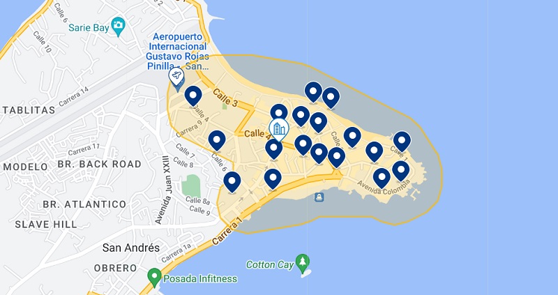 Mapa dos melhores hotéis em San Andrés