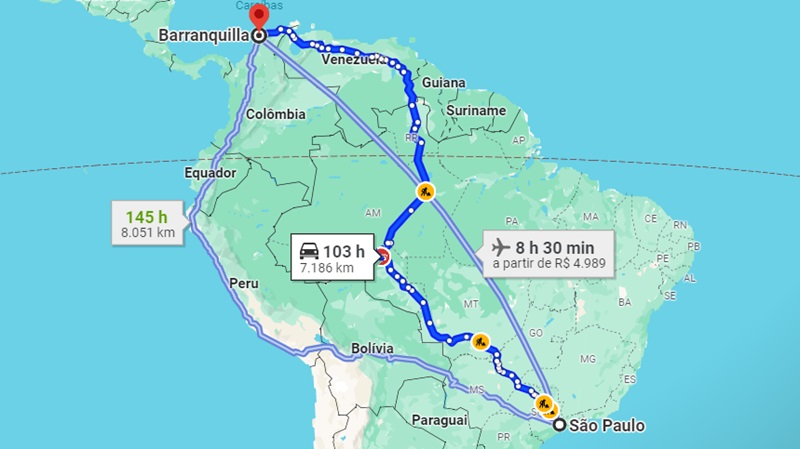 Mapa de São Paulo a Barranquilla