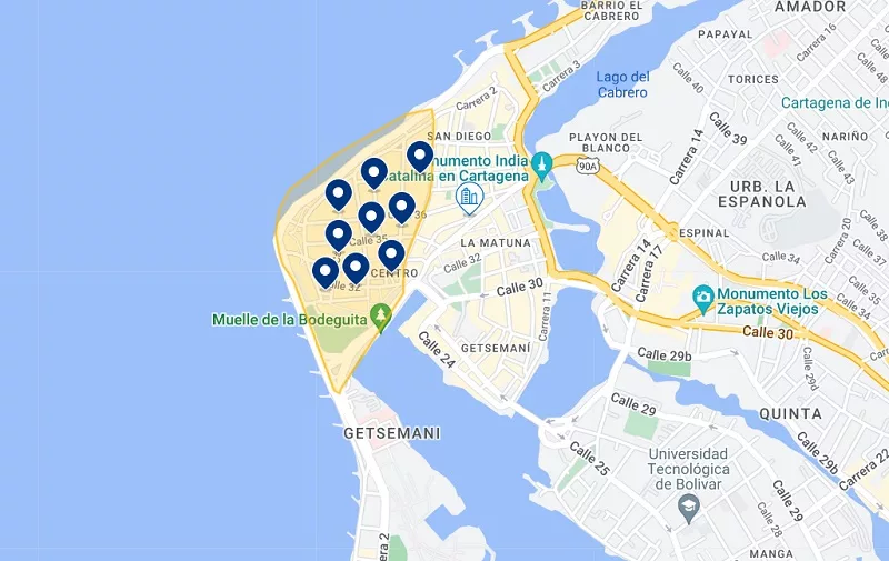 Mapa dos hotéis na Cidade Amuralhada em Cartagena