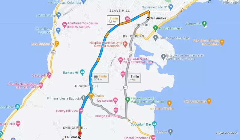 Mapa do Centro ao bairro La Loma em San Andrés